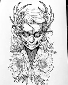 a drawing of a woman with horns and flowers on her head, in black and white