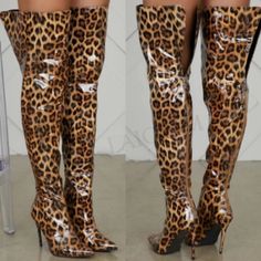 Luxury Thigh High High Heel Long Boots / Back Zipper / Leopard Print Brown Knee-high Boots For Night Out, Fitted Brown Platform Boots, Brown Knee-high Boots For Party, Brown Knee-high Heeled Boots For Night Out, Brown Leather Thigh High Heeled Boots, Fitted Brown Boots For Night Out, Leopard Print High Heel Boots For Party, Brown Knee-high Party Boots, Leopard Print Leather Boots For Party