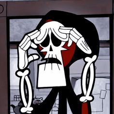 a cartoon character holding his head with one hand and looking through the window at something