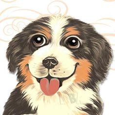 a drawing of a dog with its tongue out and eyes wide open, sitting in front of a white background