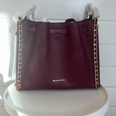 Nwt Michael Kors Lg Blt Inly Mina Shoulder Bag In Dark Cherry Burgundy Leather Bag With Branded Hardware, Burgundy Top Handle Shoulder Bag With Branded Hardware, Burgundy Bags With Branded Hardware For Daily Use, Burgundy Bag With Branded Hardware, Burgundy Crossbody Bag With Chain Strap, Burgundy Satchel With Branded Hardware For Shopping, Burgundy Crossbody Shoulder Bag With Branded Hardware, Burgundy Bags With Gold-tone Hardware And Double Handle, Burgundy Bags With Branded Hardware For Everyday