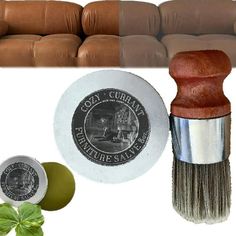 a collage of different items including a leather couch, and a shaving brush