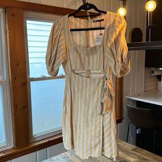 New With Tags Never Worn! So Cute For Summer Or A Beach Vacation. Cross Body Tie Bottom, Cut Out Center And Cinched Midi Sleeves Yellow Stripes, Zara Dresses, Sundress, Cut Out, Zara, Yellow, White, Women Shopping, Color