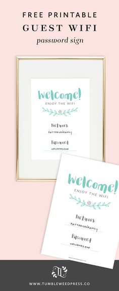 the free printable guest sign is displayed in front of a pink background and gold frame