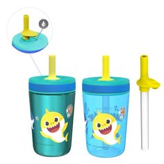 two children's sippy cups with lids and straws, one has a yellow shark on it