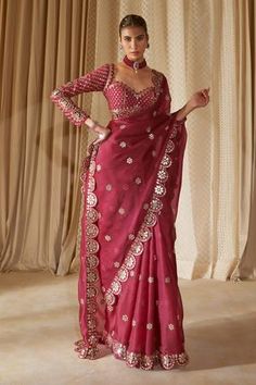 Shop for Vvani by Vani Vats Wine Satin Organza Mirror Embroidered Saree With Blouse for Women Online at Aza Fashions Vani Vats, Floral Saree, Full Sleeve Blouse, Organza Blouse, Embroidered Saree, Indian Couture, Blouse For Women, Organza Saree, Flagship Store