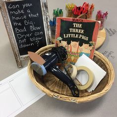 a basket filled with lots of items on top of a table next to a sign