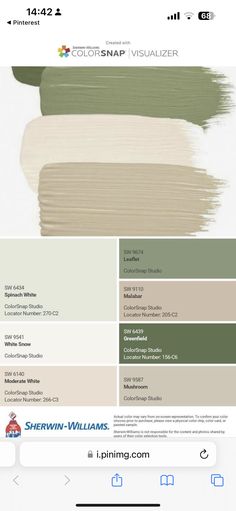 the color scheme for sherwinn's paint swatches is shown in green and beige