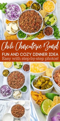 Chili Charcuterie Board Dinner Idea Charcuterie Board Dinner, Easiest Dinner Recipes, Crockpot Chicken Chili Recipes, Quinoa Chili Recipe, Fall Chili, Chili Bar, Easiest Dinner