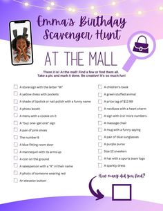 a purple birthday scavenger hunt with an image of a woman's purse