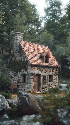 a small stone house in the middle of a forest with trees and rocks around it