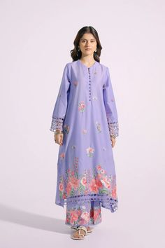 A gracefully elegant composition is portrayed on this classy ensemble rendered in skyway shade. It depicts a contemporary A-line silhouette shirt enriched with aesthetically appealing floral embroidery in vibrant hues and enhanced with cut work. Paired with a trendy embroidered trouser, this exquisite outfit is a must have to style at formal events this season. -Skyway Color -Lawn Fabric -2 piece Elegant Embroidered Sets For Eid, Elegant Sets With Embroidered Hem For Eid, Long Sleeve Sets With Embroidered Hem For Spring, Blue Embroidered Dress With Resham Embroidery For Spring, Feminine Spring Dress With Resham Embroidery, Elegant Long Sleeve Sets With Embroidered Hem, Elegant Summer Sets With Embroidered Hem, Elegant Floral Embroidered Sets For Spring, Feminine Floral Embroidered Sets For Spring