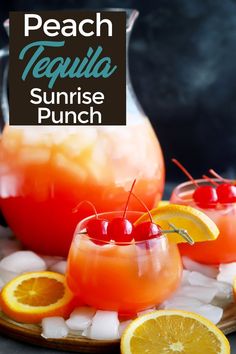 peach tequila sunrise punch with ice and cherries