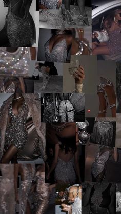 a collage of photos showing different types of dresses and accessories in black and silver