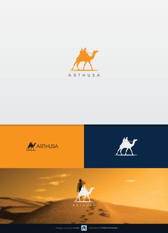 the logo for arthusa is shown in three different colors and font, along with an image of a man on a camel