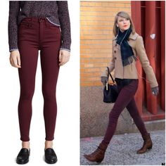 Burgundy Jegging Outfit, Dark Red Jeans Outfit, Wine Colored Pants Outfit, Maroon Jeans Outfit, Burgundy Leggings Outfit, Burgundy Jeans Outfit, Jegging Outfit, Red Jeans Outfit, Burgundy Pants Outfit