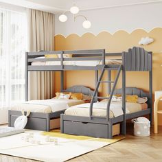 a bedroom with two bunk beds and a desk in the corner, next to a window