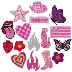 various patches and stickers are shown in this image, including hearts, flowers, stars, and lipstick