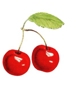 two cherries on a white background with a green leaf