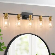 a bathroom vanity with three lights and a mirror on the wall next to a potted plant