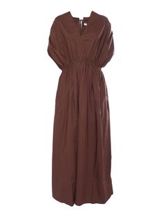 Long brown cotton dress with V-neckline, back lace closure, short sleeves.Composition: 100% COTTON Brown Short Sleeve Day Dress, Brown Cotton Midi Dress For Daywear, Brown Short Sleeve Midi Dress For Daywear, Long Brown Dress, Brown Cotton Dress, Brown Dress, Yoga Wear, Lace Closure, Bridal Shoes