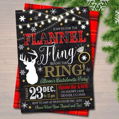 this is an image of a flyer for a flannel christmas party with deer, snowflakes and lights