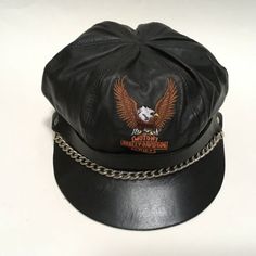 Harley Davidson Leather Hat Captains Chain Embroidered Motorcycle Cap Vtg USA | eBay Thrift Outfit, Patches Ideas, Harley Davidson Hats, Harley Davidson Gifts, Harley Davidson Leather Jackets, Style Roots, Classic Harley Davidson, Biker Aesthetic