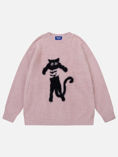 Geometric Pattern Embroidery, Kitten Sweater, Cat Sweater, Japanese Harajuku, Knitted Cat, Winter Collars, Cozy Tops, Stylish Sweaters, Loose Pullover