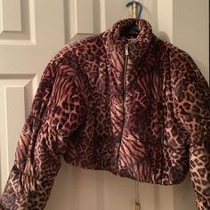 New With Tags Size Xs Extremely Warm Make An Offer Fitted Brown Puffer Outerwear, Trendy Fitted Leopard Print Outerwear, Vans Jacket, Suede Biker Jacket, Suede Biker, Leopard Jacket, Satin Jackets, Bomber Jackets, Red Jacket