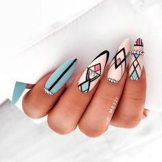 Native American Nail Art Designs, Linework Nails, Geometric Nails, Aztec Nails, Boho Nails, Retro Nails, Hippie Nails, Pink Nail, Beautiful Nail Designs