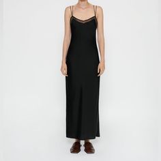 Nwt. Never Worn Sleek Spring Evening Maxi Dress, Chic Spring Evening Slip Dress, Chic Evening Slip Dress For Spring, Long Slip Dress For Spring Formal Occasions, Black Sleeveless Silk Dress For Night Out, Sleek Slip Dress For Spring Evenings, Chic Black Maxi Silk Dress, Chic Black Silk Maxi Dress, Chic Black Silk Evening Dress