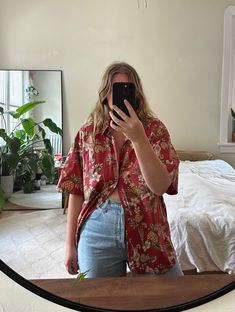 "Preloved oversized Hawaiian shirt in faded red with all over drink and pineapple print. This shirt is so fun and super soft from pre love wear. Great tucked in or untucked or layered over your favorite tank. She is in great condition with no physical marks just natural fading from prelove wear. Tag reads Campia moda - size L - 100% cotton   Recommended for sizes xs-xl depending on desired fit. Model is a size medium-large. Approximate flat lay measurements are as follows: 21\" shoulder to shoul Red Hawaiian Shirt Outfit, Oversized Short Sleeve Summer Shirt, Red Short Sleeve Shirt For Day Out, Trendy Relaxed Fit Short Sleeve Hawaiian Shirt, Trendy Relaxed Fit Hawaiian Shirt With Short Sleeves, Oversized Red Tops For Vacation, Oversized Red Top For Vacation, Oversized Hawaiian Shirt Outfit, Hawaiian Shirt Outfit Women