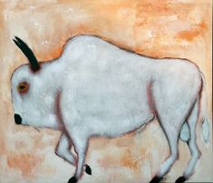 a painting of a white bull with long horns