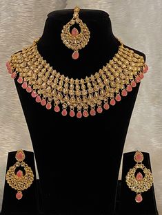 This is a beautifully designed necklace set with earrings and tikka suitable to wear on all weddings and party occasions, very comfortable to wear, flexible. It will make your day special Pink Jewelry Sets For Party And Festivals, Pink Jewelry Sets For Diwali Party, Pink Meenakari Jewelry Sets For Party, Pink Kundan Necklace For Festive Reception, Festive Pink Kundan Necklace For Reception, Pink Bridal Necklace For Party Festivals, Heavy Pink Bridal Necklace For Party, Pink Kundan Tikka For Parties, Pink Necklace For Diwali Party