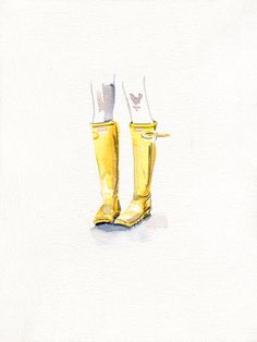 a watercolor painting of yellow boots with white socks