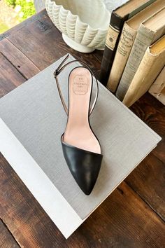 Frankie Angled Slingback - Black Leather - Emerson Fry Emerson Fry, Wrap Heels, Closet Goals, Fashion 2024, Denim Shoes, Ankle Strap Heels, Luxury Gifts, Leather Wraps, Beautiful Shoes