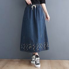 Details: Gender: Women Item Type: Skirt Material: Denim Season: Spring, Autumn Pattern: Floral Embroidery Style: Casual, Loose  Waist Type: Elastic Color: Blue Size: M Waist: 66.00 - 96.00 cm/ 25.98 - 37.80 " Length: 74.00 cm/ 29.13 " Hip: 118.00 cm/ 46.46 " Size: L Waist: 68.00 - 100.00 cm/ 26.77 - 39.37 " Length: 75.00 cm/ 29.53 " Hip: 120.00 cm/ 47.24 " Size: XL Waist: 70.00 - 104.00 cm/ 27.56 - 40.94 " Length: 76.00 cm/ 29.92 " Hip: 124.00 cm/ 48.82 " Country Clothes, Happy Clothes, Autumn Pattern, Floral Retro, Denim Skirts, Long Skirts, Embroidered Clothes, Linen Skirt, Country Outfits