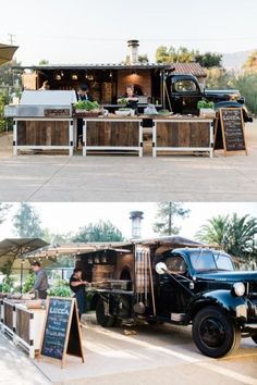 an old truck is parked in front of a restaurant and another photo shows the outside