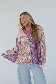 Get ready for all the cuteness this season with the Blossom Check Jacket—a perfect boho throw-on-and-go piece that adds a statement touch to any outfit! Unique mix of thermal and woven fabric with so pretty floral and plaid prints throughout Relaxed and loose jacket silhouette Classic zip-up front closure and loose long sleeves with thermal cuffs Hooded neckline with a drawstring detail High-low bottom edge for added style and movement Pair with: Dora Low Back Seamless Bralette, Lightwave Overal Casual Multicolor Outerwear With Floral Patchwork, Casual Floral Patchwork Outerwear For Winter, Casual Winter Outerwear With Floral Patchwork, Casual Floral Patchwork Outerwear For Spring, Spring Multicolor Floral Patchwork Outerwear, Spring Floral Print Outerwear For Loungewear, Bohemian Floral Print Outerwear For Fall, Bohemian Spring Outerwear For Day Out, Pink Fall Loungewear Outerwear