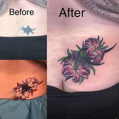 before and after photos of a woman's stomach tattoo