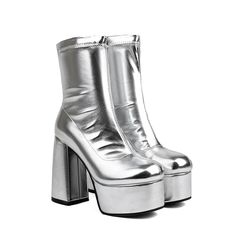 Shop Silver Platform Round Toe Sock Boots Block High Heel Ankle Boots color Silver for Anniversary, Hanging out, Night Club, Party with worldwide Free shipping & Free return. Silver Platform Boots, Silver Platform Boots For Fall Party, Silver Round Toe Platform Boots For Fall, Fall Silver Platform Boots With Round Toe, Silver Platform Boots For Winter, Winter Silver Platform Boots, Silver Platforms, Silver Boots, High Heel Ankle Boots