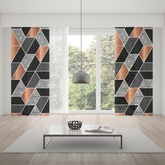 a modern living room with wood flooring and geometric wallpaper