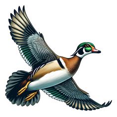 a wood duck flying in the air with its wings spread