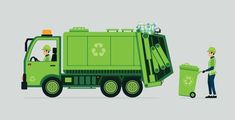 a man standing next to a green garbage truck with a recycler in it