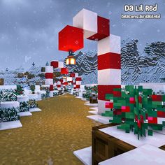 an image of a christmas scene in minecraft with lights and snow on the ground