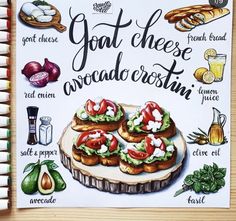 a recipe book with an illustration of bread and other food items on the page next to it