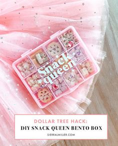 the dollar tree hack diy snack queen bento box is on top of a pink tulle