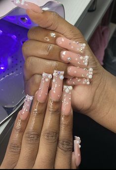 Pearl Acrylic Nails Coffin, Medium Bling Nails, Square Long Nails, Prom 2k24, Medium Nails, Nails Nude, Diy Acrylic Nails, Girly Acrylic Nails