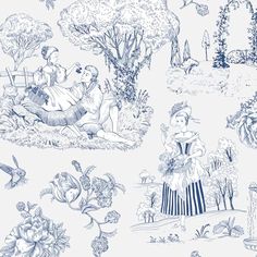 a blue and white drawing of some people in the park with trees, flowers and birds