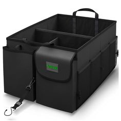 an image of a large black storage bin with two compartments on the front and side